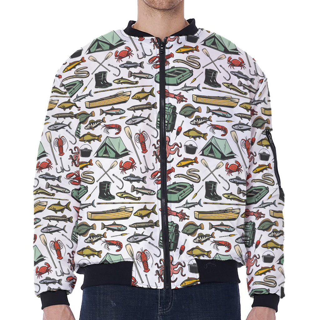 Fishing Equipment Pattern Print Zip Sleeve Bomber Jacket