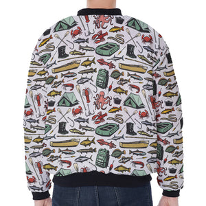 Fishing Equipment Pattern Print Zip Sleeve Bomber Jacket