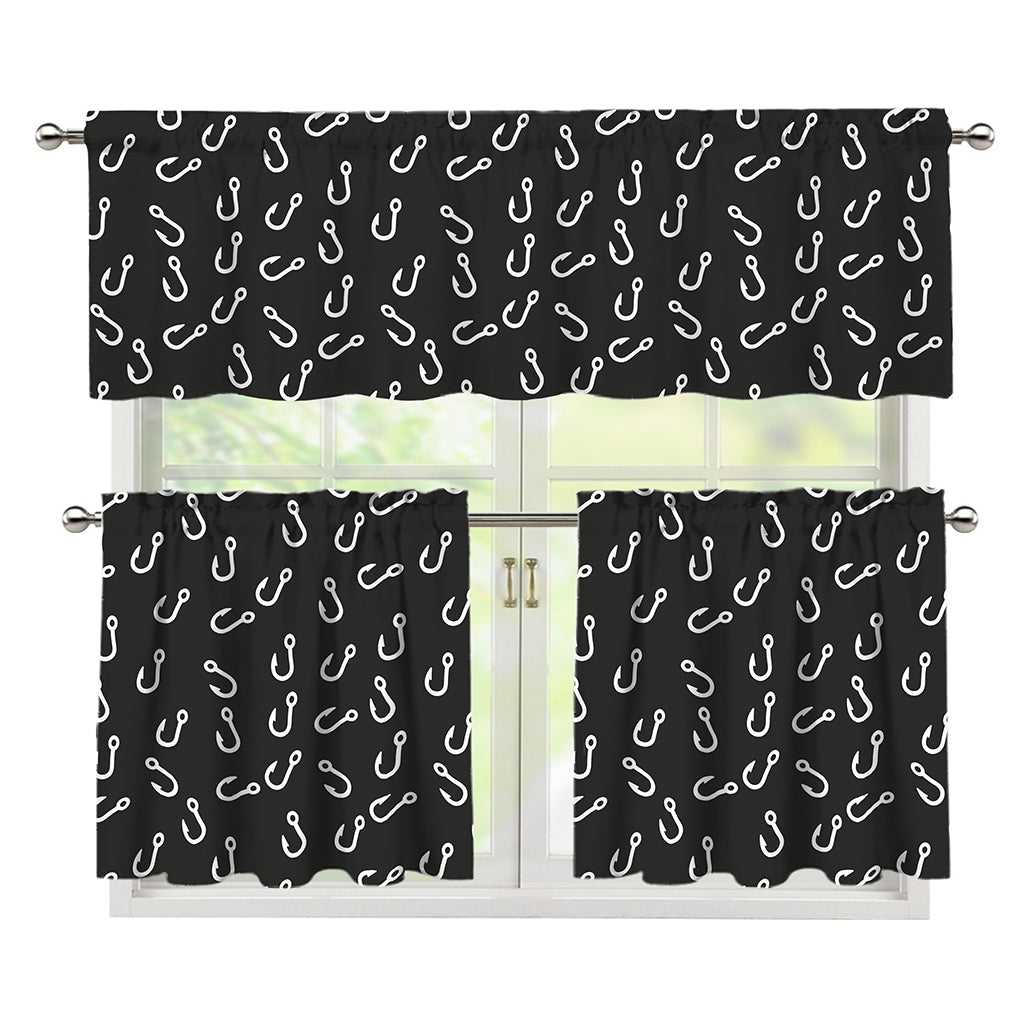 Fishing Hooks Pattern Print 3 Piece Kitchen Curtains