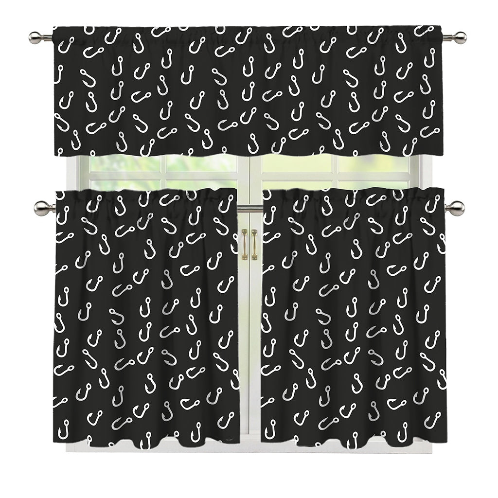Fishing Hooks Pattern Print 3 Piece Kitchen Curtains