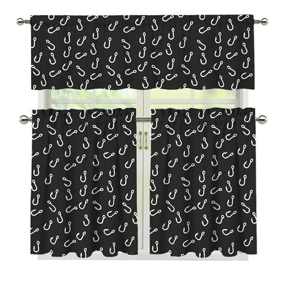 Fishing Hooks Pattern Print 3 Piece Kitchen Curtains