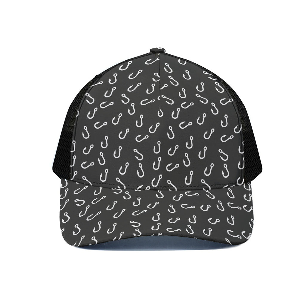 Fishing Hooks Pattern Print Black Mesh Trucker Cap