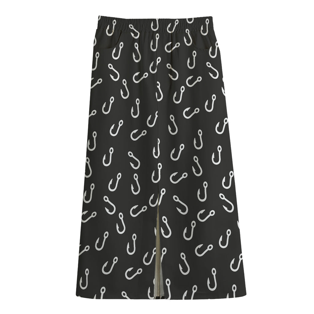 Fishing Hooks Pattern Print Cotton Front Slit Maxi Skirt