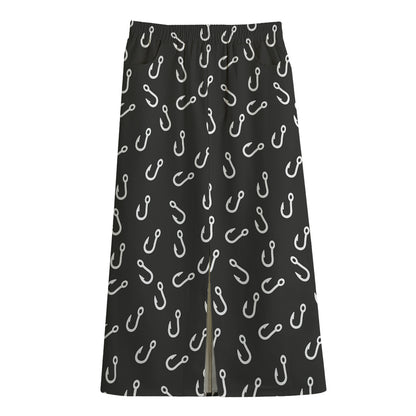 Fishing Hooks Pattern Print Cotton Front Slit Maxi Skirt