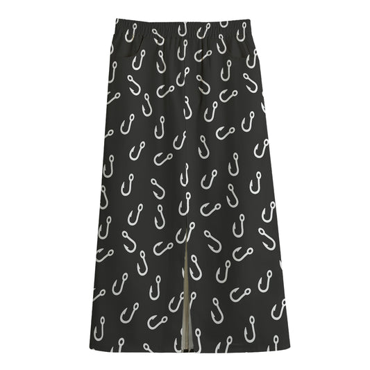 Fishing Hooks Pattern Print Cotton Front Slit Maxi Skirt