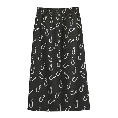 Fishing Hooks Pattern Print Cotton Front Slit Maxi Skirt