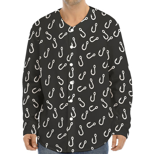 Fishing Hooks Pattern Print Long Sleeve Baseball Jersey