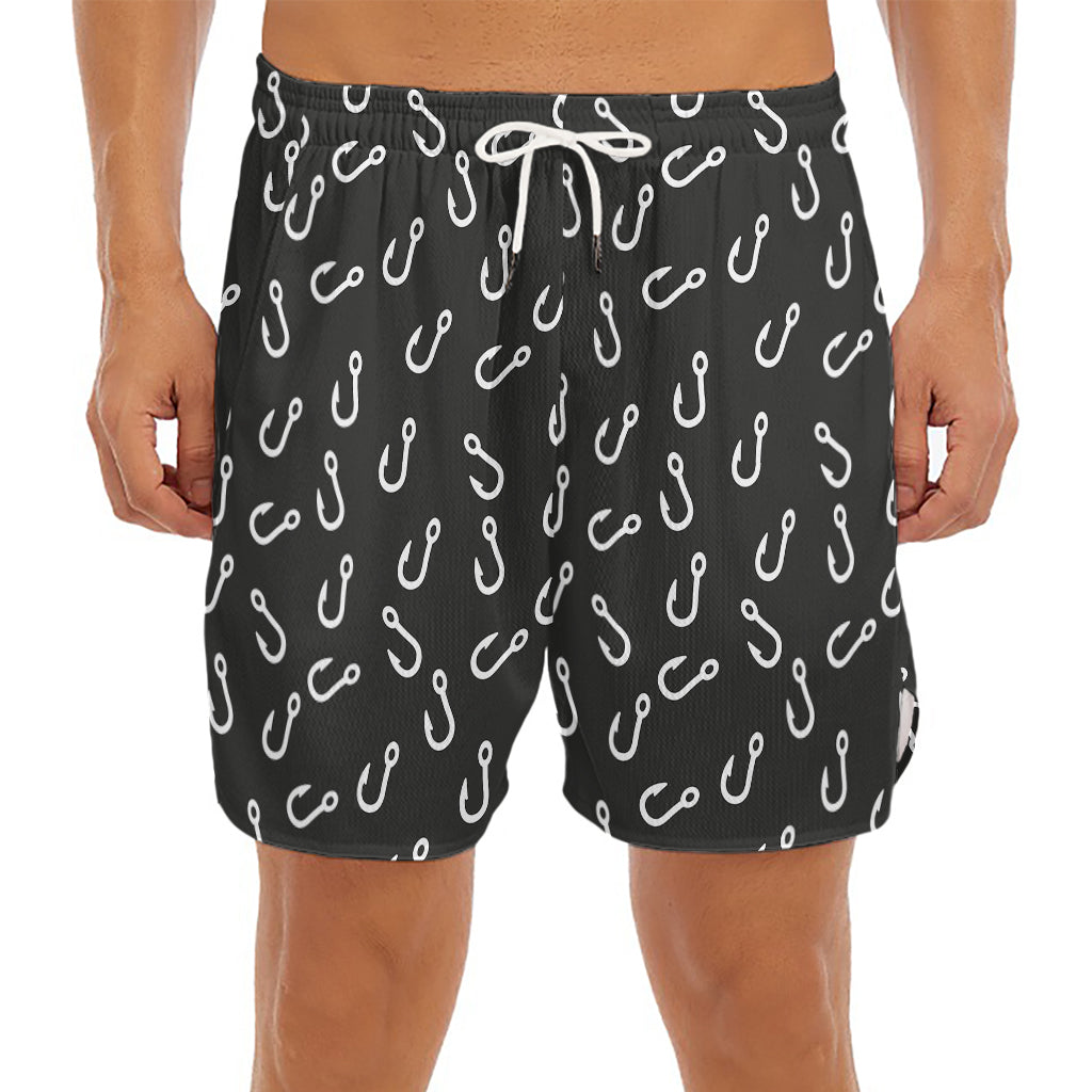 Fishing Hooks Pattern Print Men's Split Running Shorts