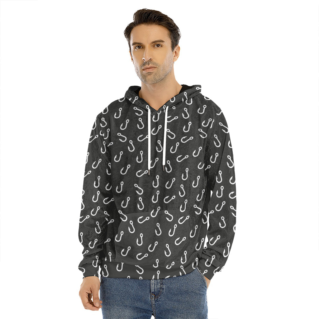 Fishing Hooks Pattern Print Men's Velvet Pullover Hoodie