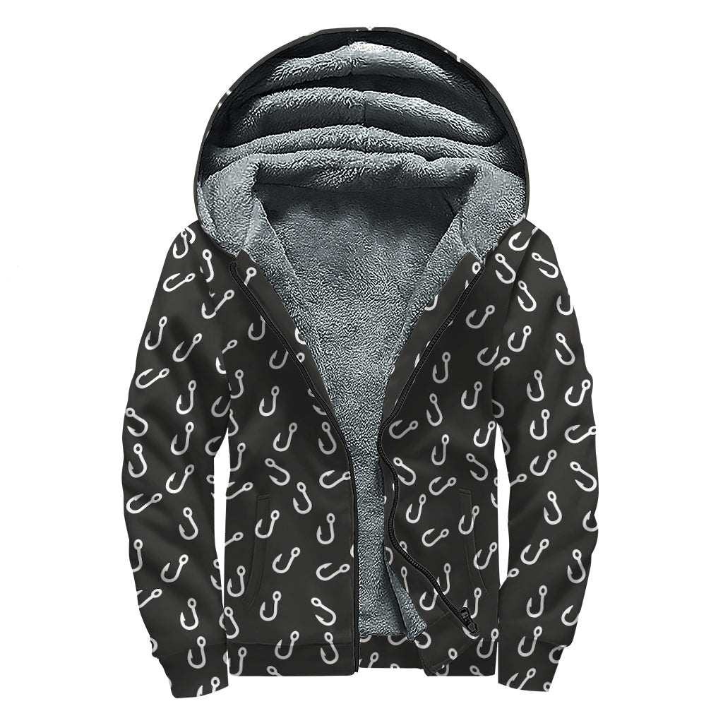 Fishing Hooks Pattern Print Sherpa Lined Zip Up Hoodie