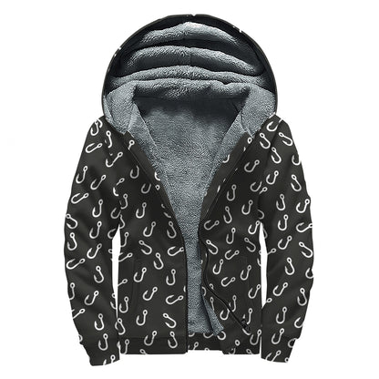 Fishing Hooks Pattern Print Sherpa Lined Zip Up Hoodie