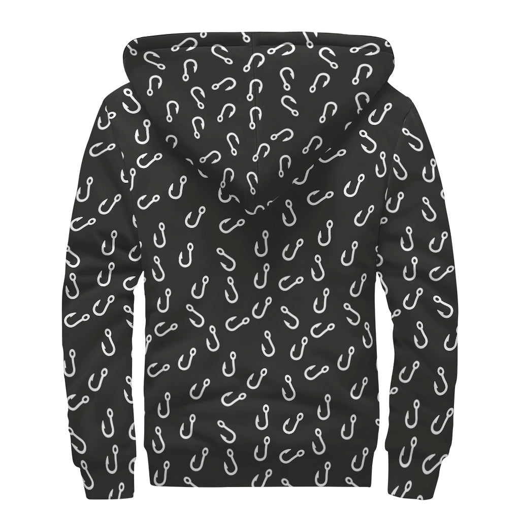Fishing Hooks Pattern Print Sherpa Lined Zip Up Hoodie