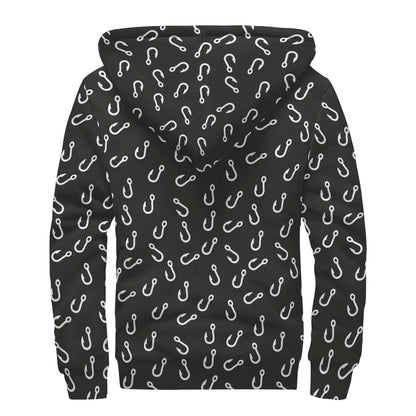 Fishing Hooks Pattern Print Sherpa Lined Zip Up Hoodie
