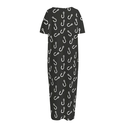 Fishing Hooks Pattern Print Short Sleeve Long Nightdress