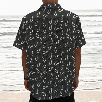 Fishing Hooks Pattern Print Textured Short Sleeve Shirt