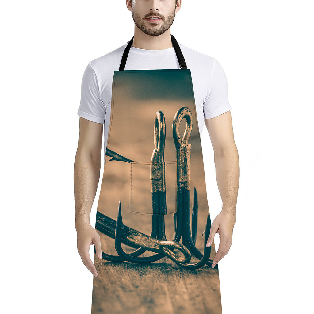 Fishing Hooks Print Bib Apron With Pocket