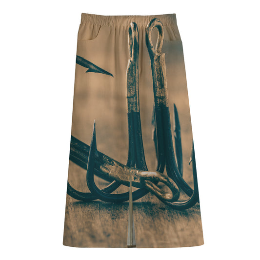 Fishing Hooks Print Cotton Front Slit Maxi Skirt