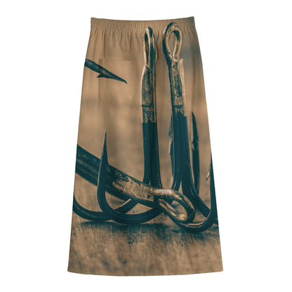 Fishing Hooks Print Cotton Front Slit Maxi Skirt