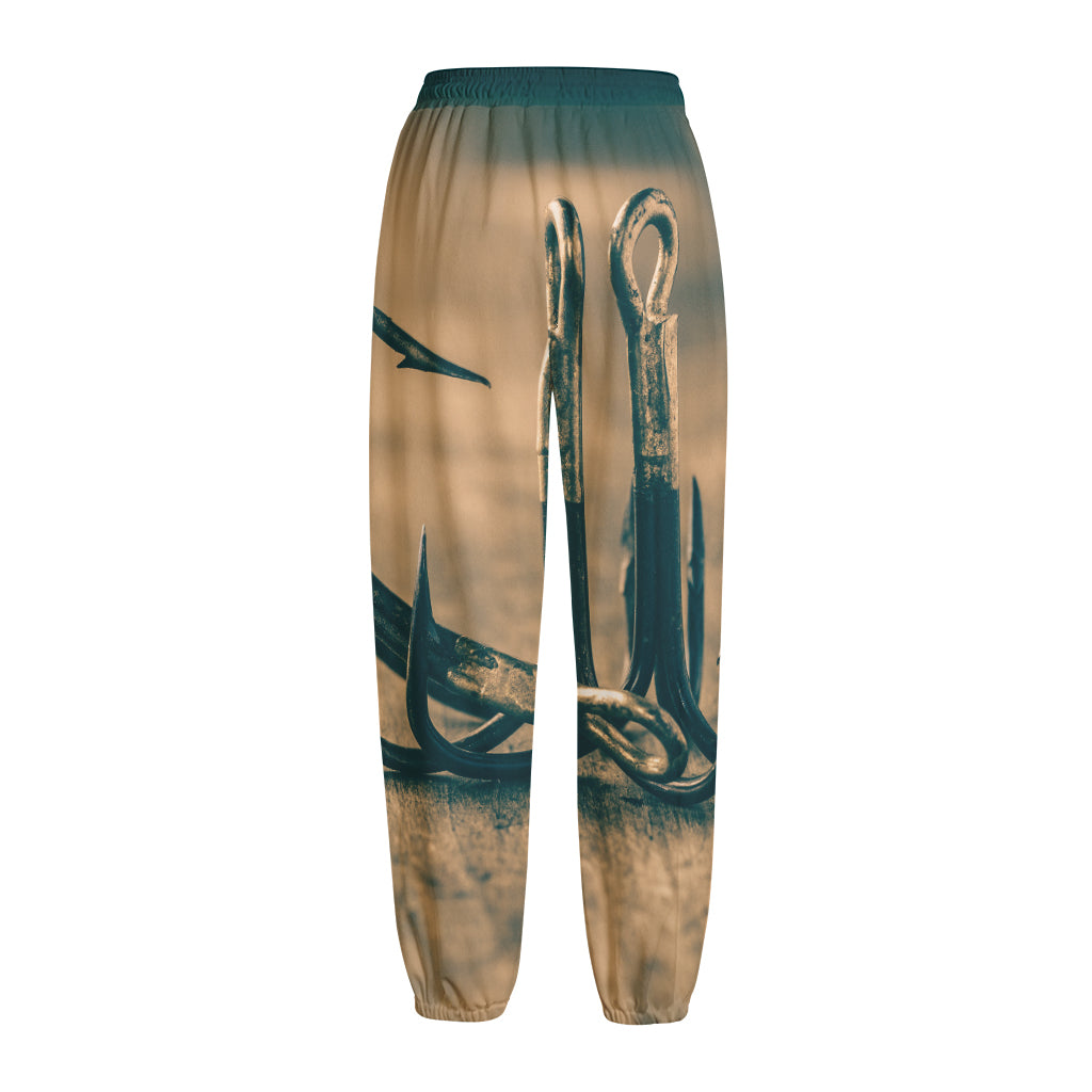Fishing Hooks Print Fleece Lined Knit Pants
