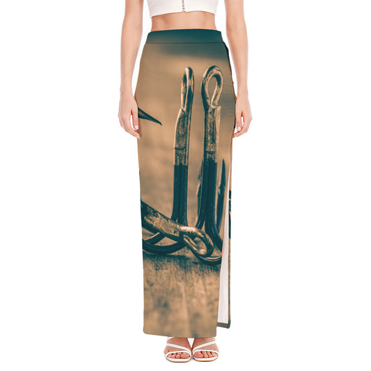 Fishing Hooks Print High Slit Maxi Skirt