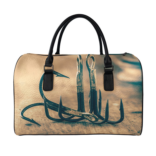 Fishing Hooks Print Leather Duffle Bag