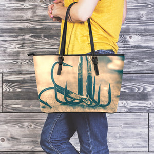 Fishing Hooks Print Leather Tote Bag