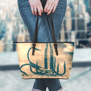 Fishing Hooks Print Leather Tote Bag