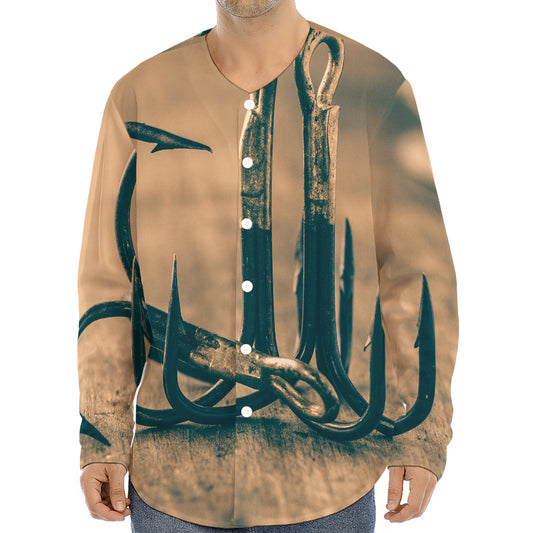 Fishing Hooks Print Long Sleeve Baseball Jersey