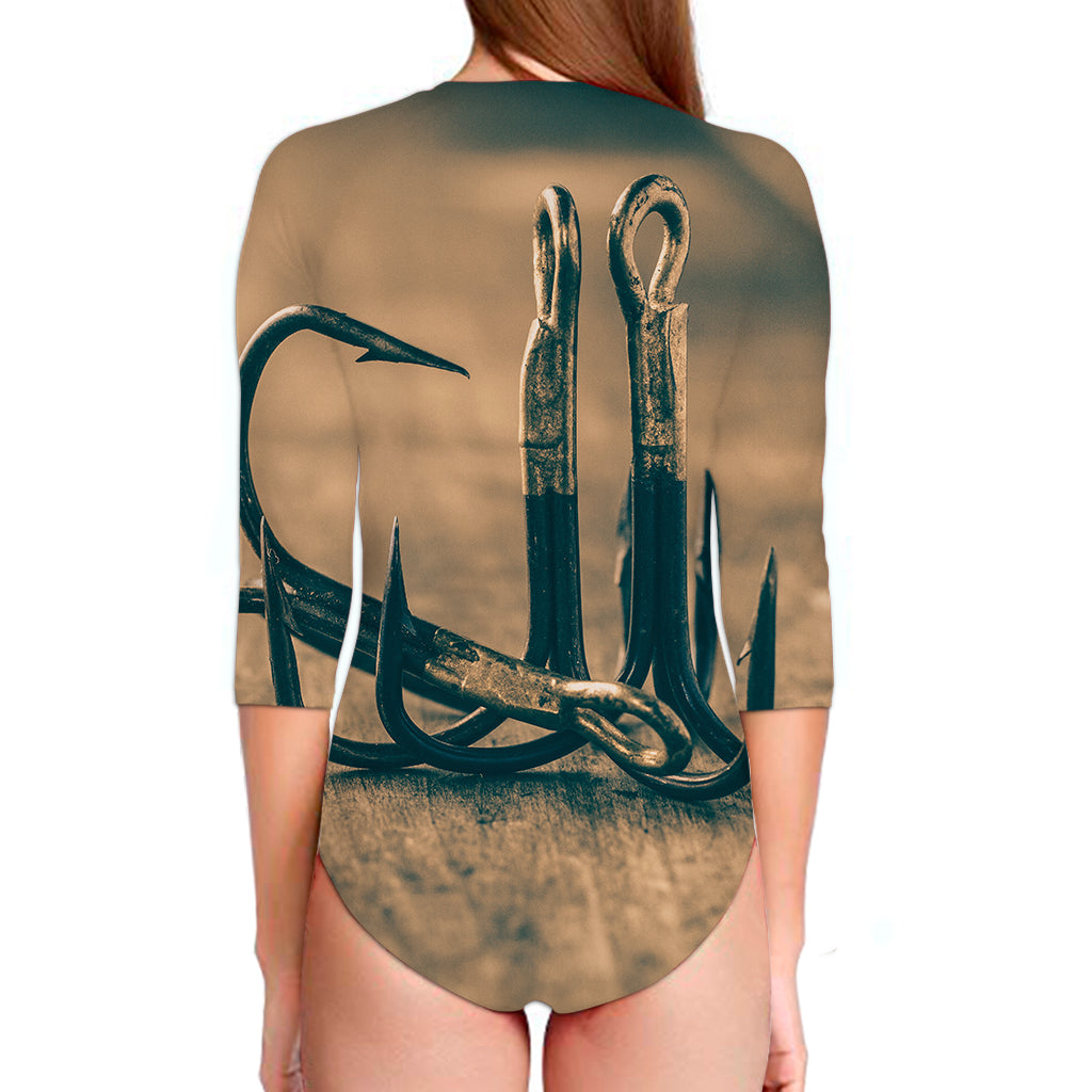 Fishing Hooks Print Long Sleeve Swimsuit