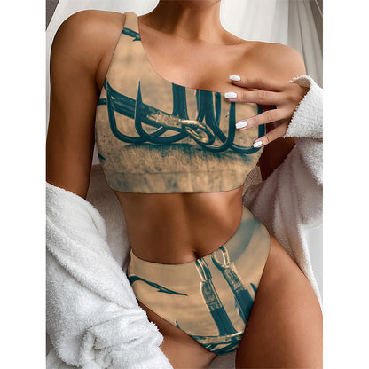 Fishing Hooks Print One Shoulder Bikini Top