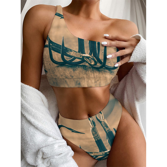 Fishing Hooks Print One Shoulder Bikini Top
