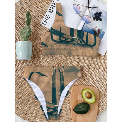 Fishing Hooks Print One Shoulder Bikini Top