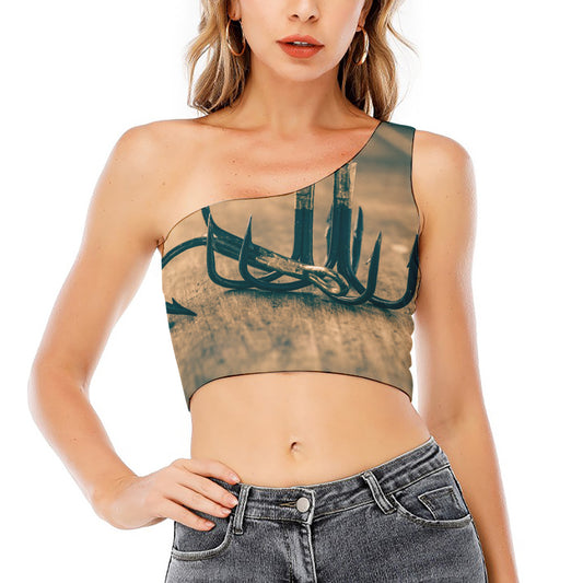 Fishing Hooks Print One Shoulder Crop Top