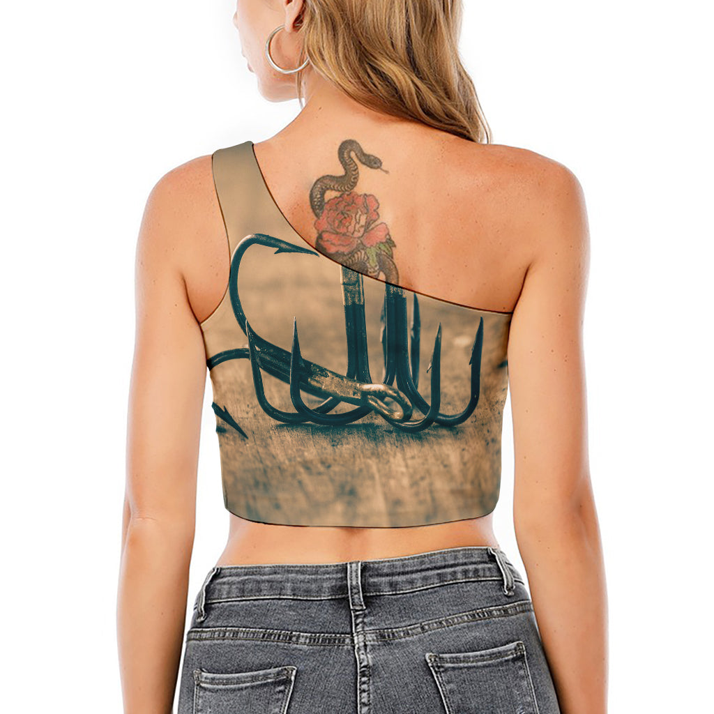 Fishing Hooks Print One Shoulder Crop Top