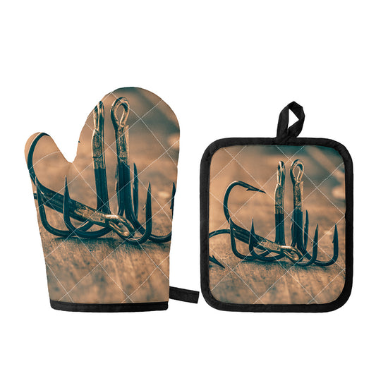 Fishing Hooks Print Oven Mitt And Pot Holder Set