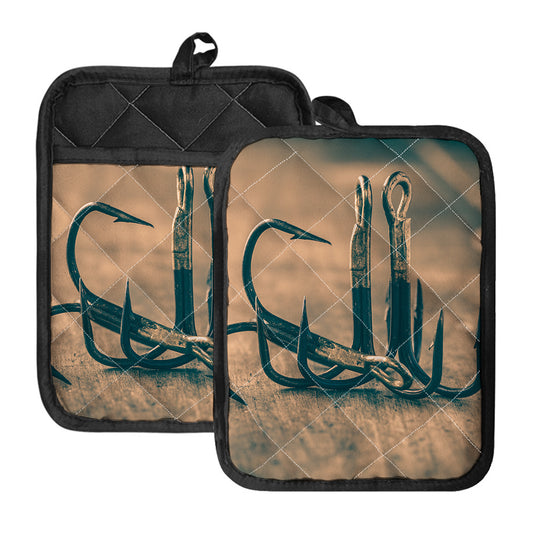 Fishing Hooks Print Pot Holders With Pocket