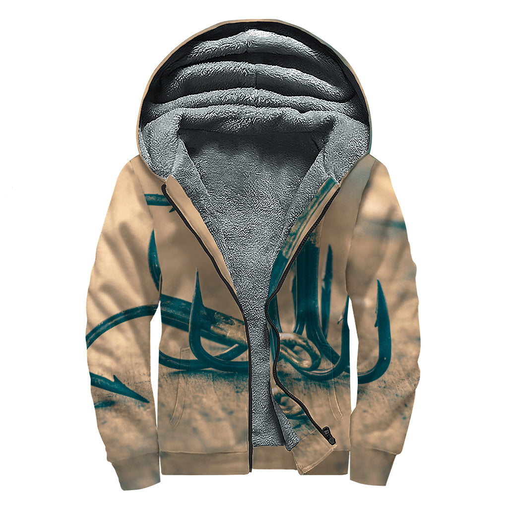 Fishing Hooks Print Sherpa Lined Zip Up Hoodie
