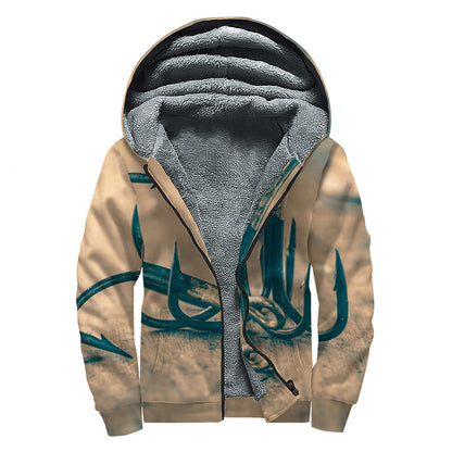 Fishing Hooks Print Sherpa Lined Zip Up Hoodie
