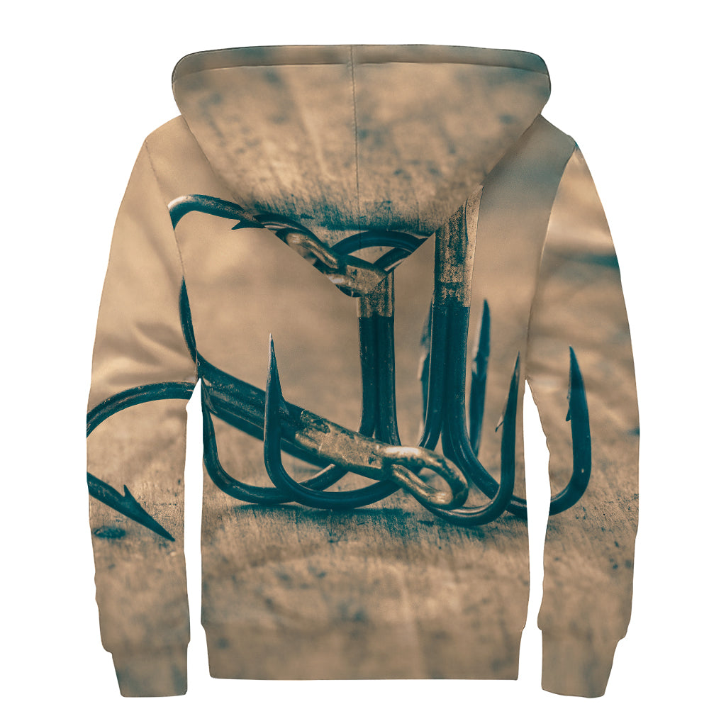 Fishing Hooks Print Sherpa Lined Zip Up Hoodie