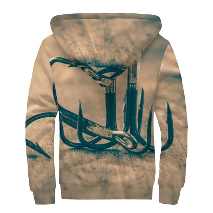 Fishing Hooks Print Sherpa Lined Zip Up Hoodie