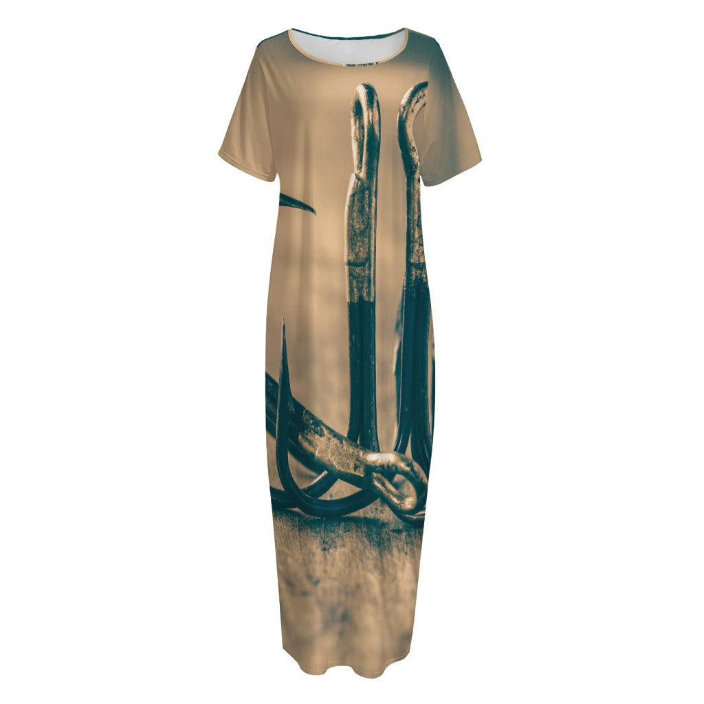 Fishing Hooks Print Short Sleeve Long Nightdress