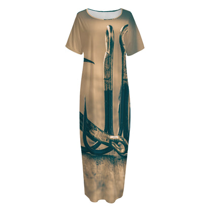 Fishing Hooks Print Short Sleeve Long Nightdress