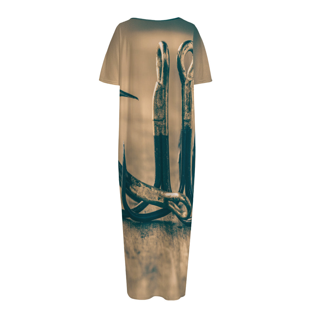 Fishing Hooks Print Short Sleeve Long Nightdress