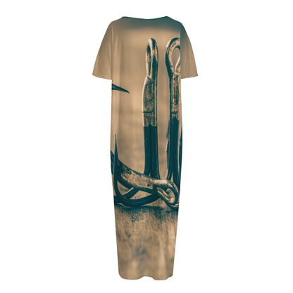 Fishing Hooks Print Short Sleeve Long Nightdress