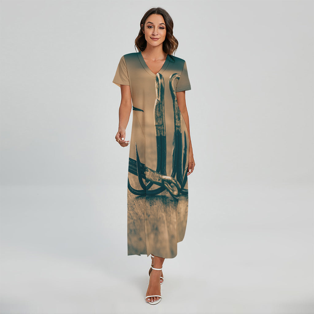 Fishing Hooks Print Short Sleeve Maxi Dress