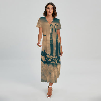 Fishing Hooks Print Short Sleeve Maxi Dress