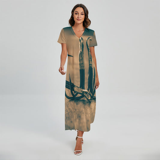 Fishing Hooks Print Short Sleeve Maxi Dress