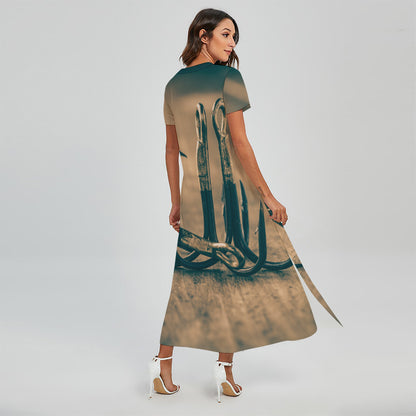 Fishing Hooks Print Short Sleeve Maxi Dress