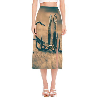 Fishing Hooks Print Side Slit Midi Skirt
