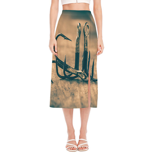 Fishing Hooks Print Side Slit Midi Skirt